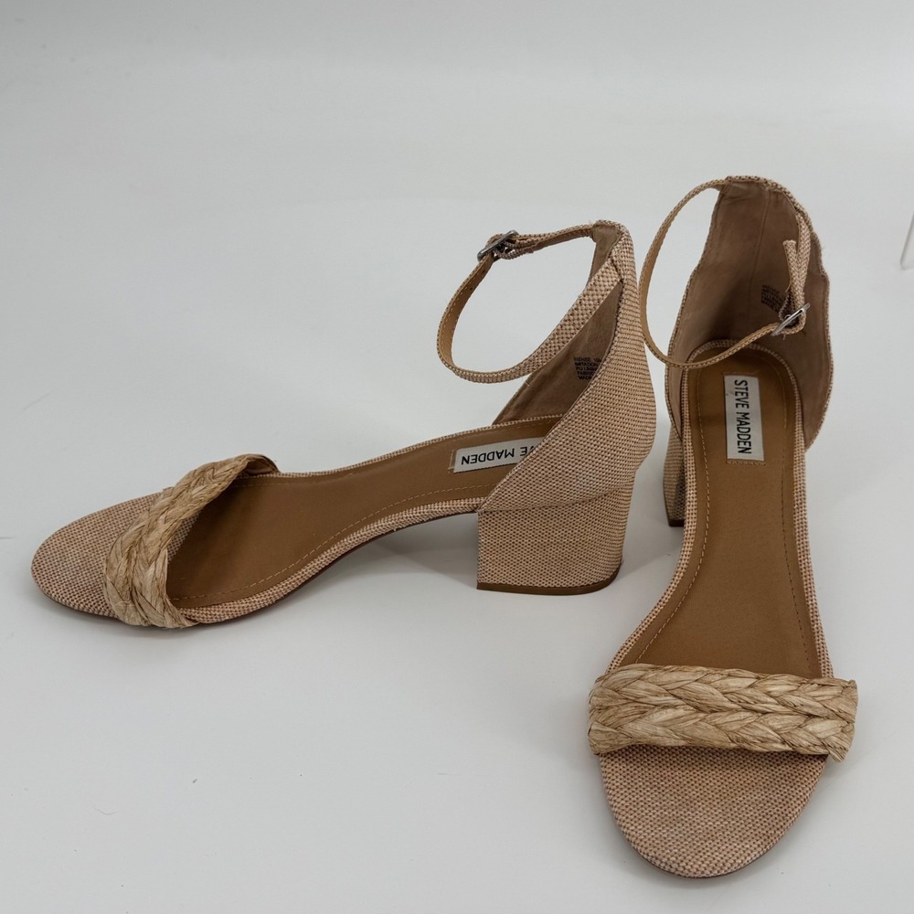 Steve Madden Irenee Sandals Women 10M Tan Braided Block Heel Ankle Strap Raffia